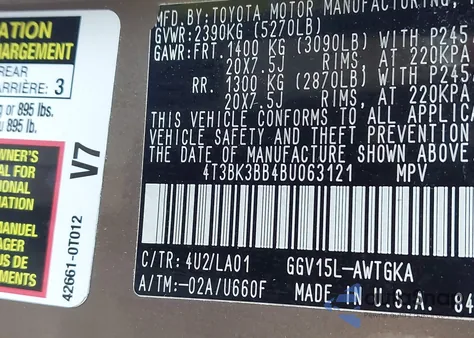 2011 Toyota Venza Base V6 z USA, uszkodzony, nr VIN 4T3BK3BB4BU063121